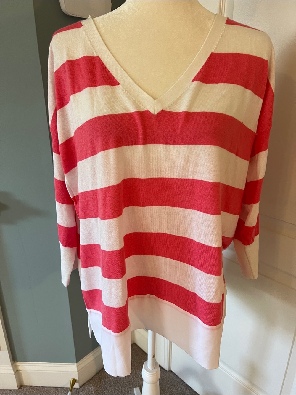 Tommy Bahama Coral and White Striped V-Neck Tunic with Chiffon bottom trim, NWOT